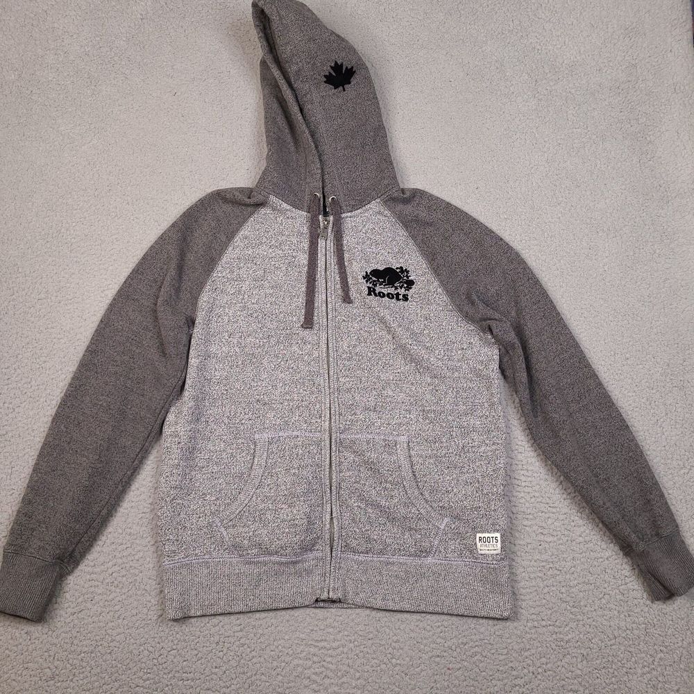 Roots Canada Hoodie Jacket Mens Small Gray Full Zip Sweatshirt Maple Leaf Raglan